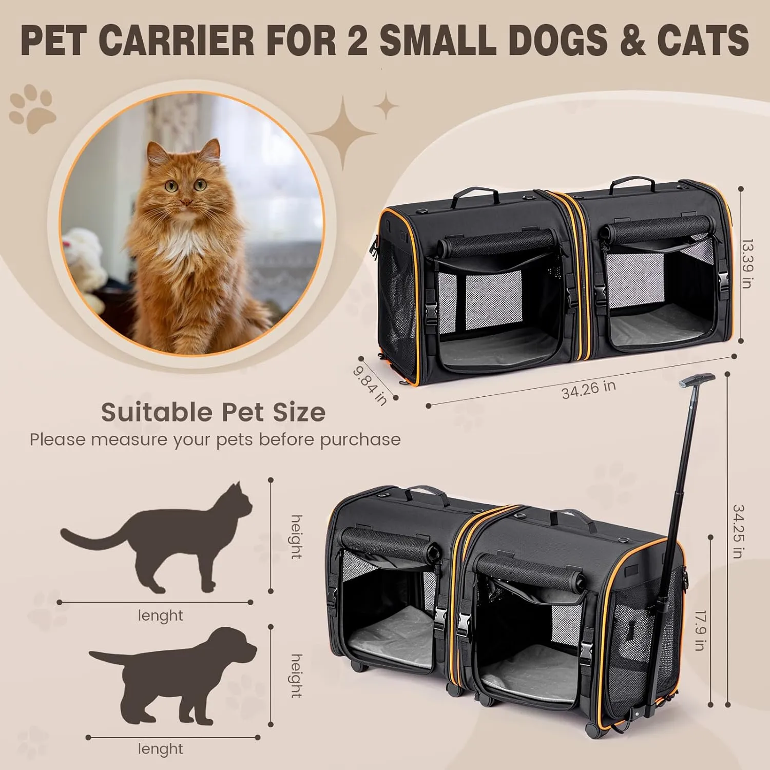 2-in-1 Cat, Dog Carrier for Pets up to 30 Lbs, Double Pet Carrier Car Travel Portable Twin Compartment Pet Kennel Dog Crate Set with Litter Box, Bowl for Outdoor Camping