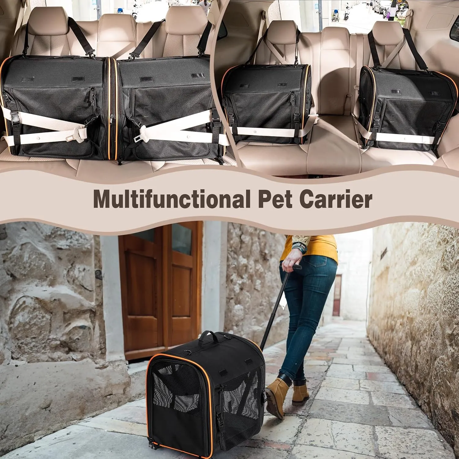 2-in-1 Cat, Dog Carrier for Pets up to 30 Lbs, Double Pet Carrier Car Travel Portable Twin Compartment Pet Kennel Dog Crate Set with Litter Box, Bowl for Outdoor Camping