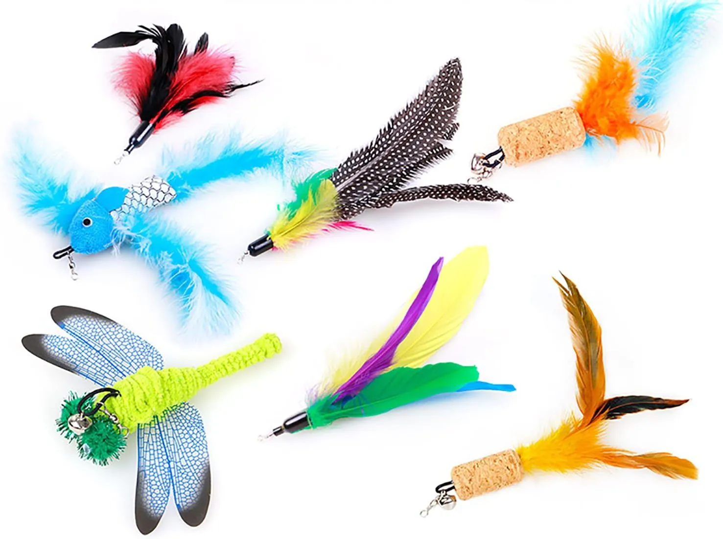 2 Pcs Feather Teaser Cat Toy, Interactive Feather Wand Cat Toy Flying Feather Cat Catcher with Bell, Exerciser Playing Toy for Kitten or cat CT15-12 Green Feather