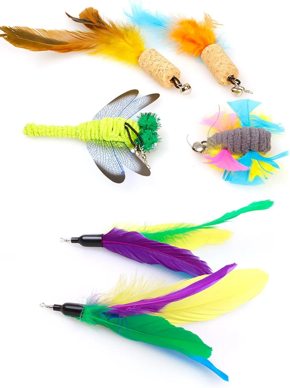2 Pcs Feather Teaser Cat Toy, Interactive Feather Wand Cat Toy Flying Feather Cat Catcher with Bell, Exerciser Playing Toy for Kitten or cat CT15-12 Green Feather