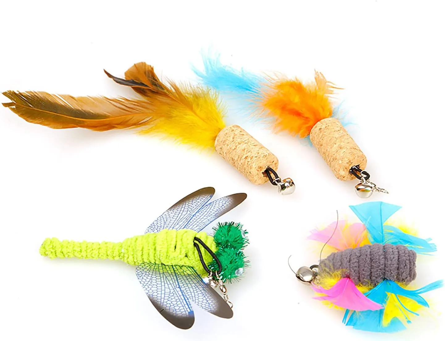 2 Pcs Feather Teaser Cat Toy, Interactive Feather Wand Cat Toy Flying Feather Cat Catcher with Bell, Exerciser Playing Toy for Kitten or cat CT15-12 Green Feather