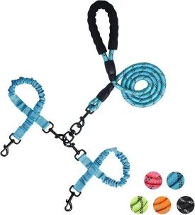 2 Way Dog Leash,No Tangle for Two Dogs, 3 in 1 Dog Leash with 360 Swivel, Shock Absorbing, Reflective Threads Comfort Foam Handle, Ideal for Small Dogs and Dog Training (Blue Double Leashes)