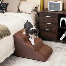 3-Tier Non-Slip Dog Steps with High-Density Sponge and Silicone Paw Prints-Brown