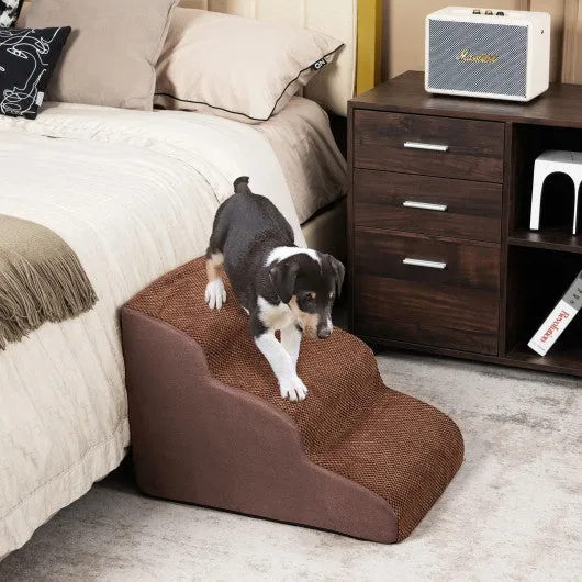 3-Tier Non-Slip Dog Steps with High-Density Sponge and Silicone Paw Prints-Brown