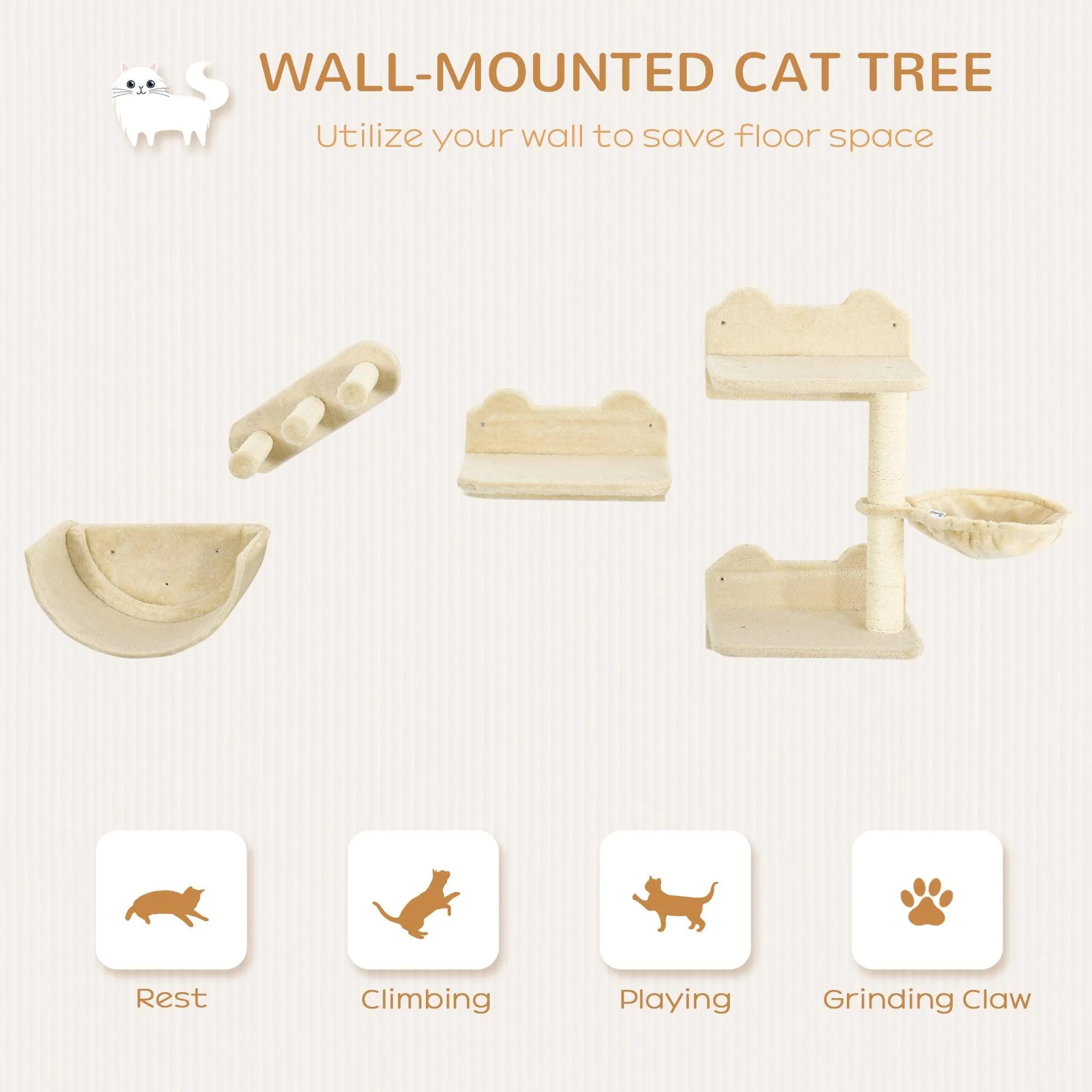4-Piece Wall-mounted Cat Climbing Shelves Set, Beige