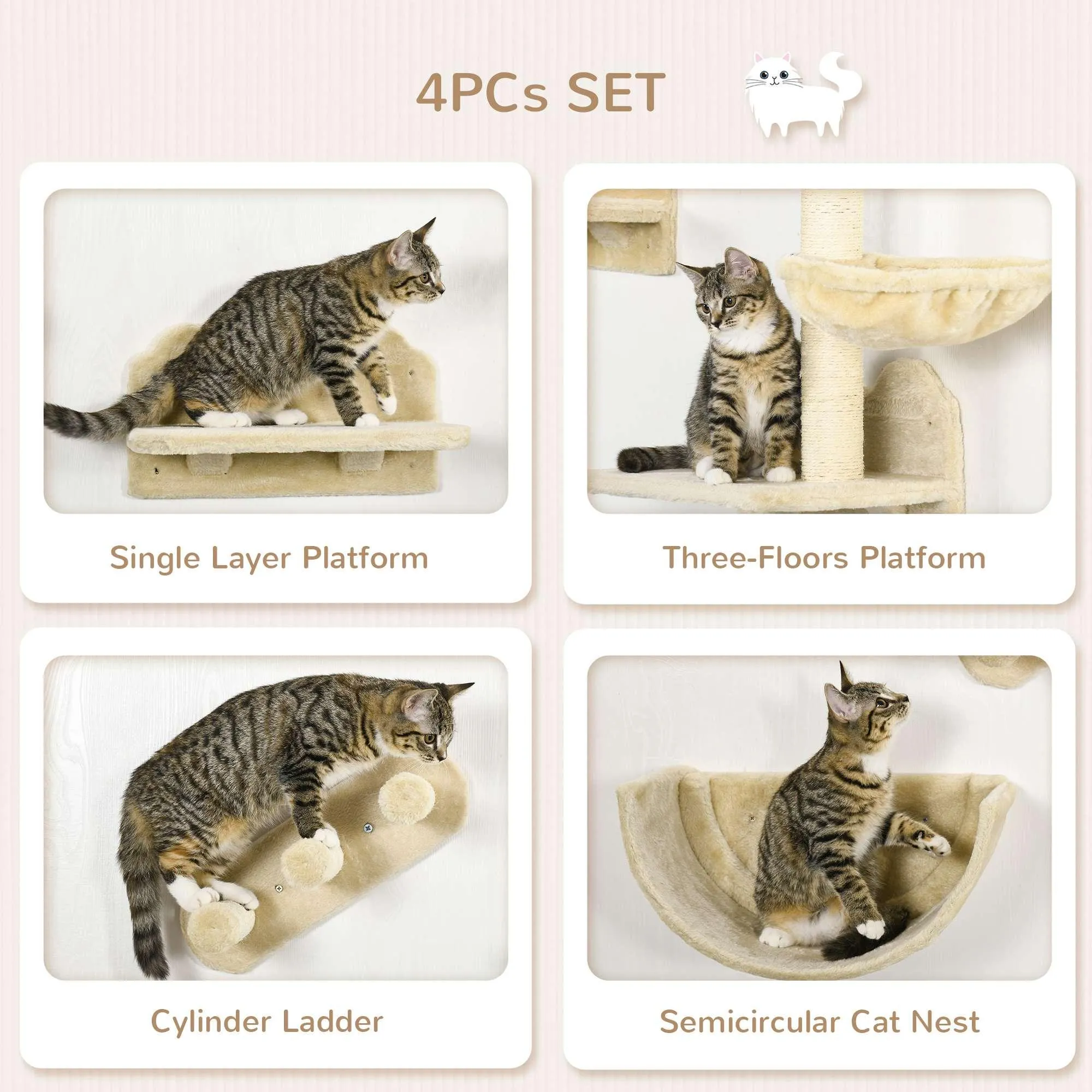 4-Piece Wall-mounted Cat Climbing Shelves Set, Beige
