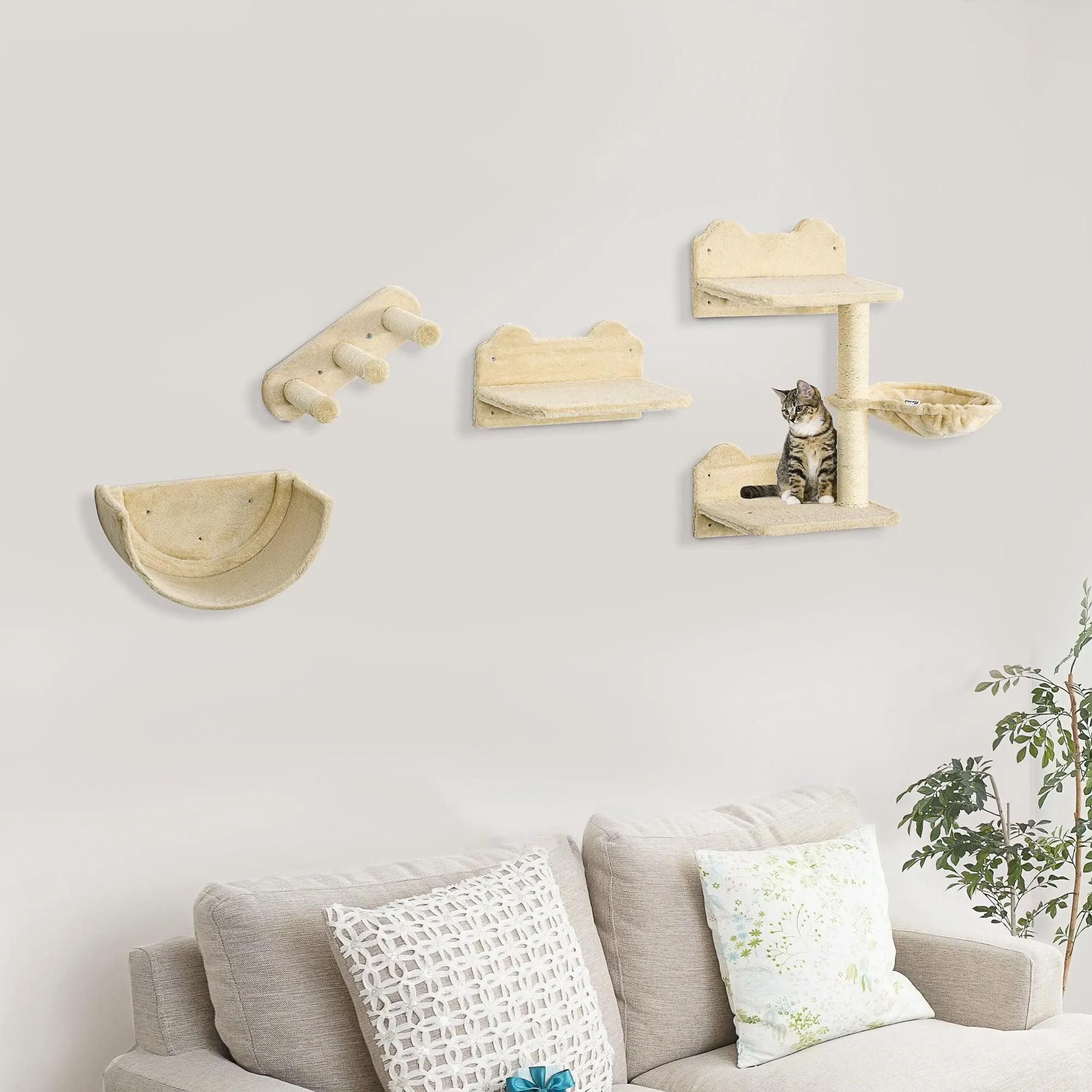 4-Piece Wall-mounted Cat Climbing Shelves Set, Beige