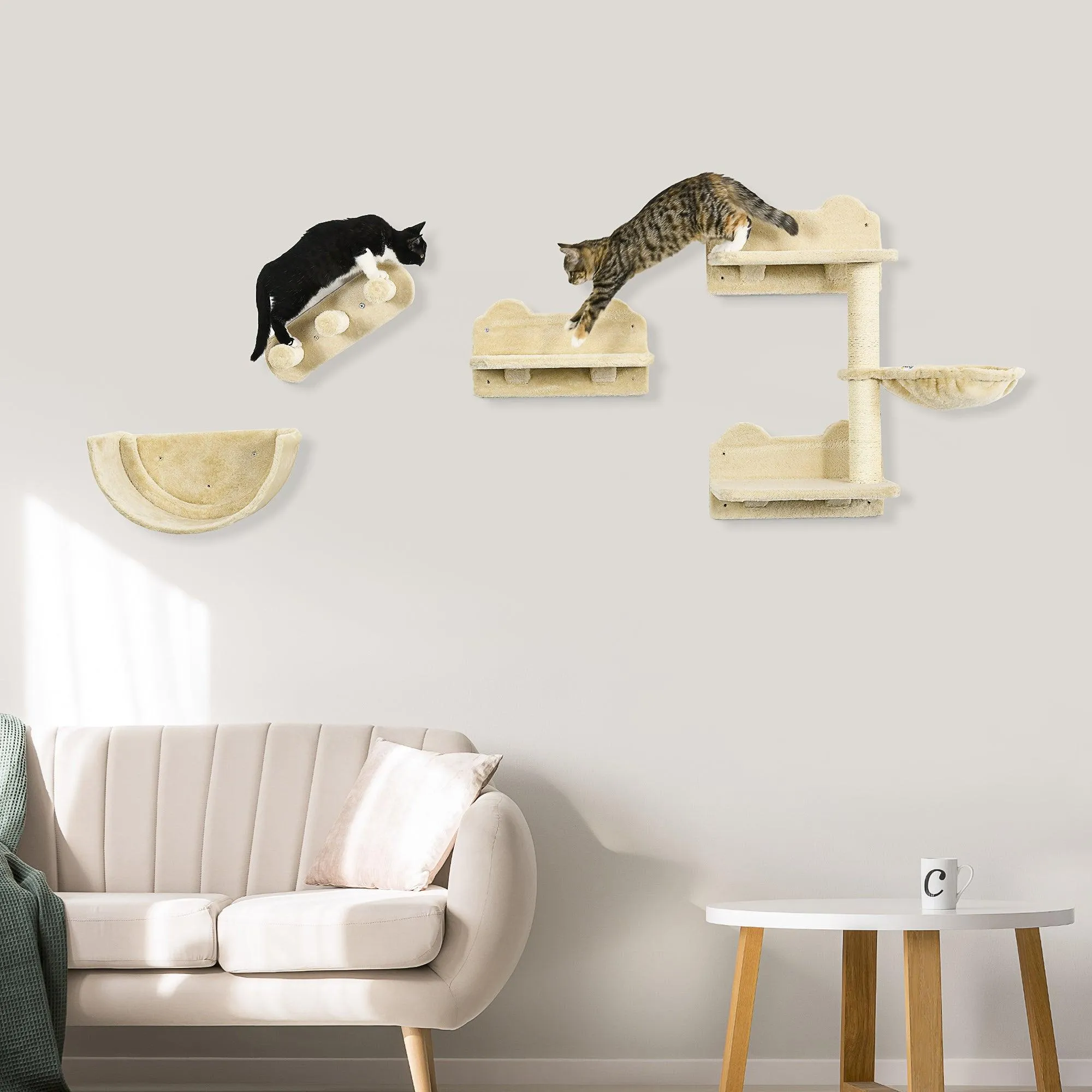 4-Piece Wall-mounted Cat Climbing Shelves Set, Beige