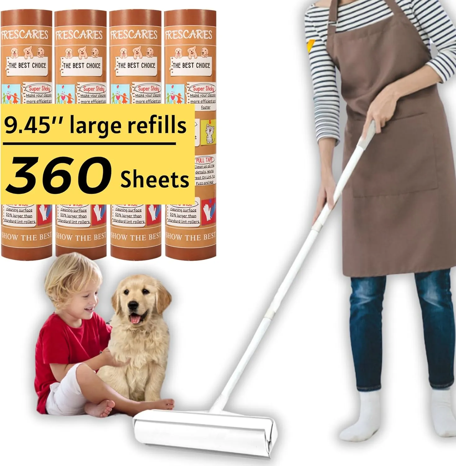 45 Inch Long Handle Lint Roller Extra Sticky for Carpet, 9.45'' Large Surface Pet Hair Remover for Couch, Sticky Roller for Floor Pick Up Larger Pieces, by Frescares, 1 Roller Stick 4 Roller Refills