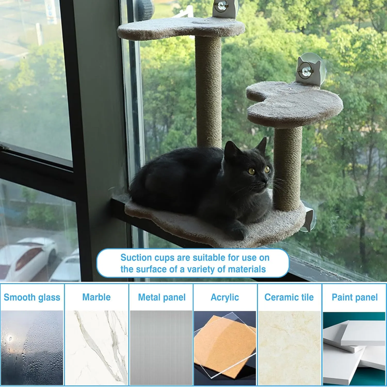 Artcare Cat Window Perch with Climbing Steps Cats Perches Hammock with Climbing Steps Post Window Mounted 4 Suction Cups (Gray, L)