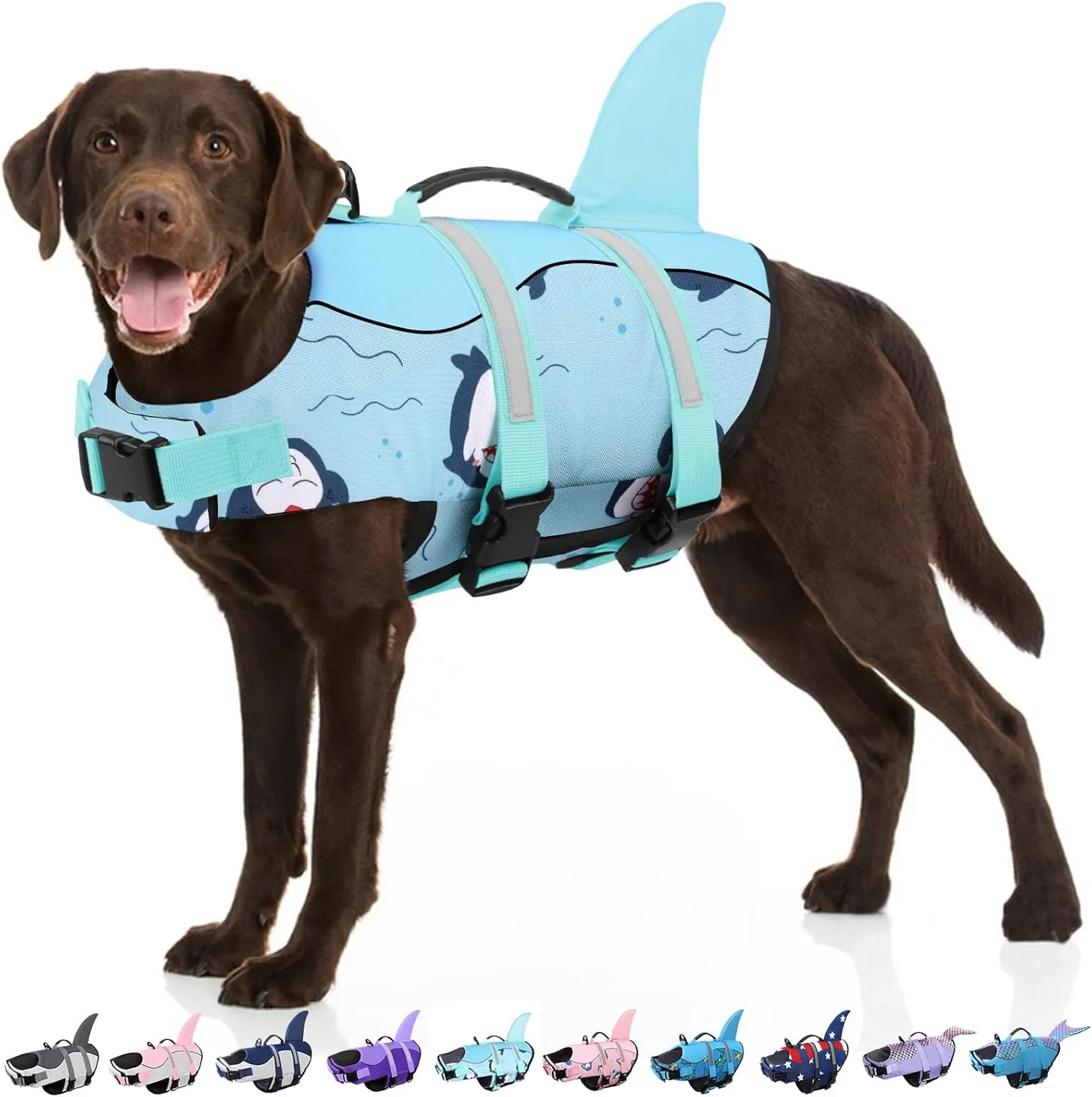 Bess Bridal Dog Life Jacket - Shark Life Vest for Swimming Boating - Reflective Lifejacket Swimsuit for Small Medium Large Dogs - High Buoyancy Lifesaver Preserver with Rescue Handle, Green Dolphin M