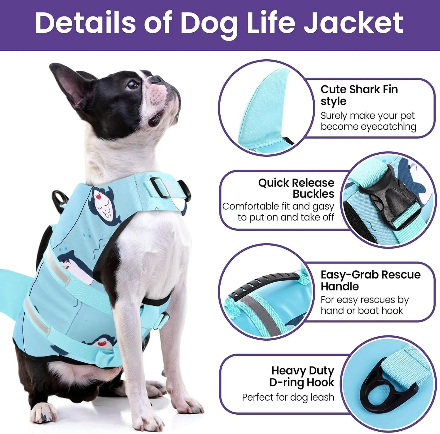 Bess Bridal Dog Life Jacket - Shark Life Vest for Swimming Boating - Reflective Lifejacket Swimsuit for Small Medium Large Dogs - High Buoyancy Lifesaver Preserver with Rescue Handle, Green Dolphin M