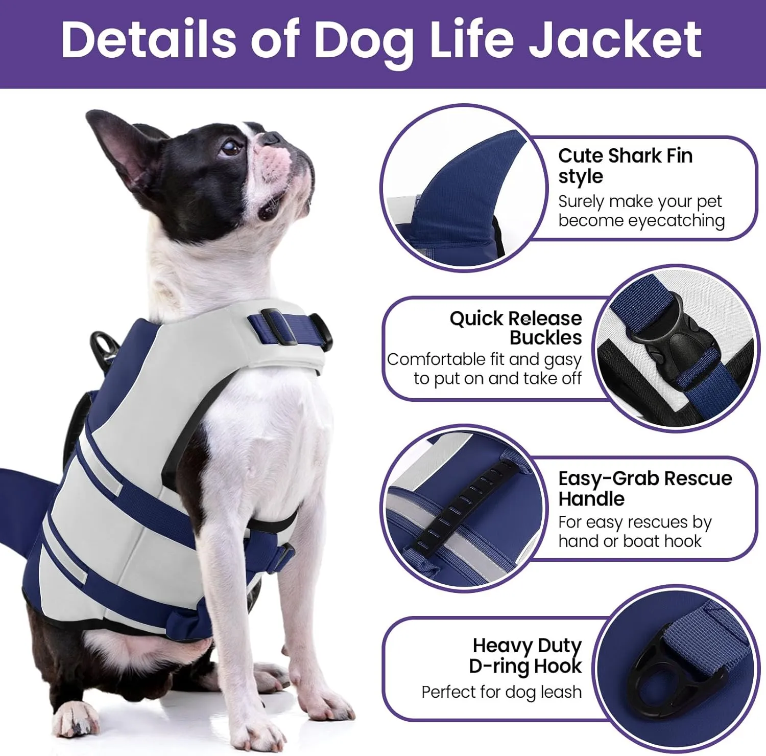 Bess Bridal Dog Life Jacket - Shark Life Vest for Swimming Boating - Reflective Lifejacket Swimsuit for Small Medium Large Dogs - High Buoyancy Lifesaver Preserver with Rescue Handle, Navy Blue M