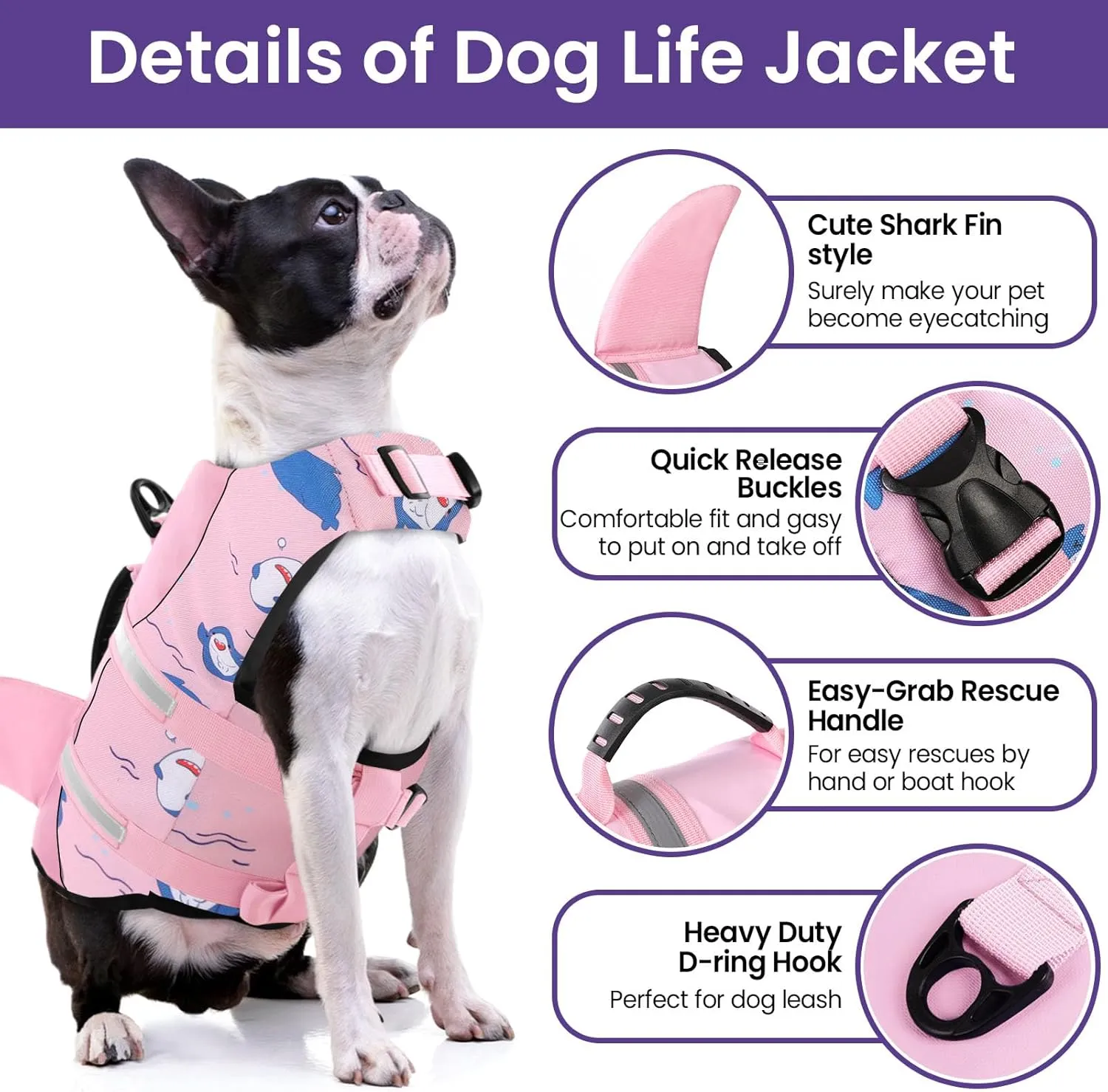 Bess Bridal Dog Life Jacket - Shark Life Vest for Swimming Boating - Reflective Lifejacket Swimsuit for Small Medium Large Dogs - High Buoyancy Lifesaver Preserver with Rescue Handle, Pink Dolphin M