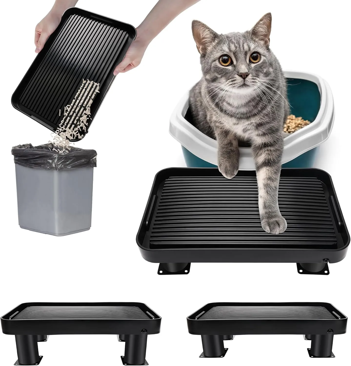 Black Litter Box Ramp with 4 Detachable Adjustable Height Stand, Litter Box Step for Small & Elderly Cats, Filter Cat Litter & Washable & Elevated Cat Ramp (14"x10"x3.74")
