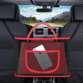 Car Net Pocket Handbag Holder, Car Backseat Net Bag, Car Organizer for Purse Storage Phone Documents Pocket, Barrier of Backseat Pet Kids-Driver Storage Netting Pouch with Bag on Back (Red)