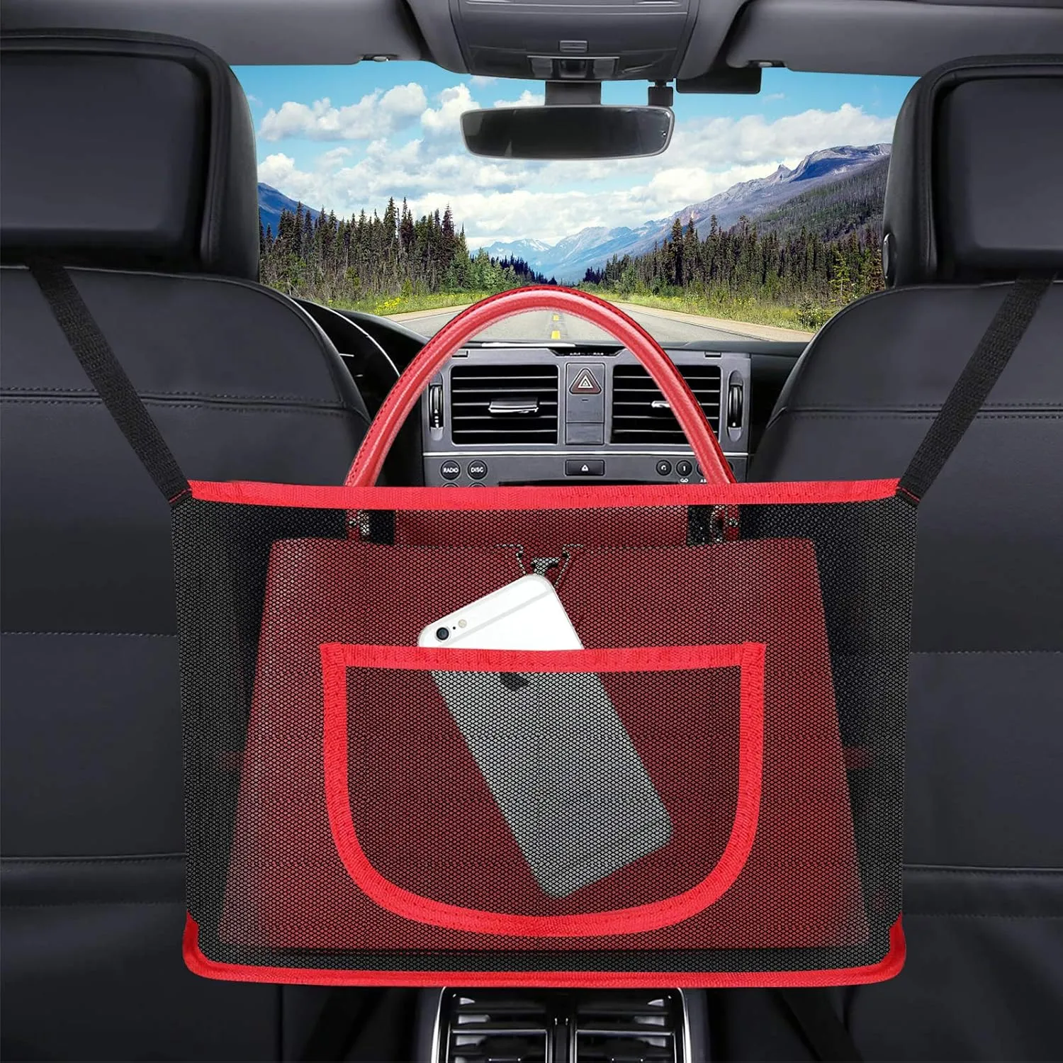 Car Net Pocket Handbag Holder, Car Backseat Net Bag, Car Organizer for Purse Storage Phone Documents Pocket, Barrier of Backseat Pet Kids-Driver Storage Netting Pouch with Bag on Back (Red)