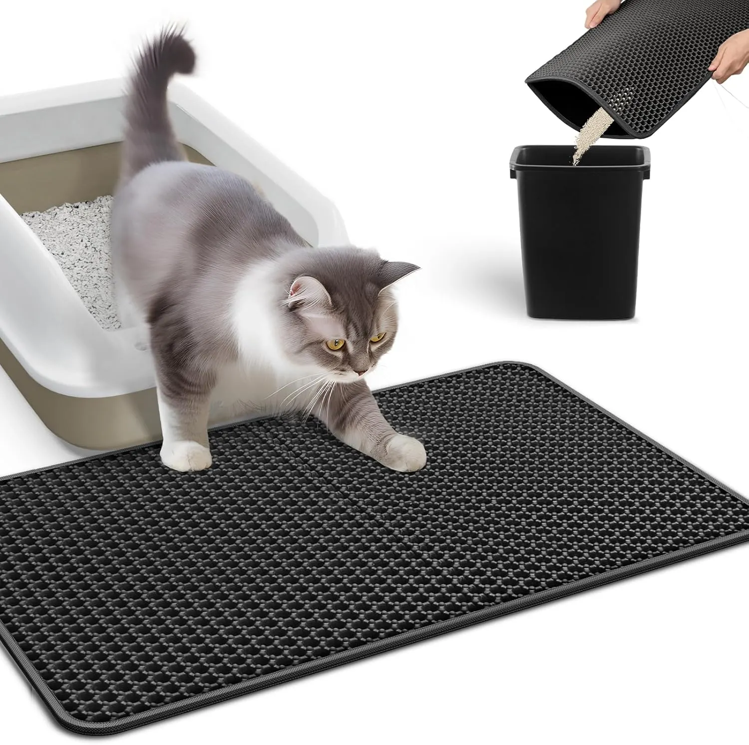 Cat Litter Mat Large - Litter Trapping Mat, Easy to Clean Litter Box Mat, Waterproof,Thicker and More StableUrine-Proof, Non-Slip Kitty Litter Mats for Floor, Midnight-Black