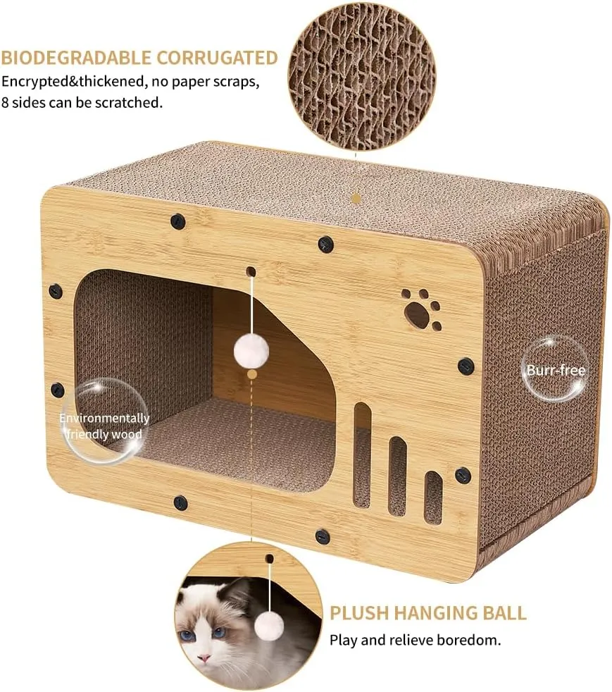 Cat Scratcher House, Cat Scratcher Board Cat Cave with Hanging Ball ToyLarge Space Cardboard Cat Bed CondoSuitable for Cats to Rest&Scratching Cat Scratch Pad, MZBW01