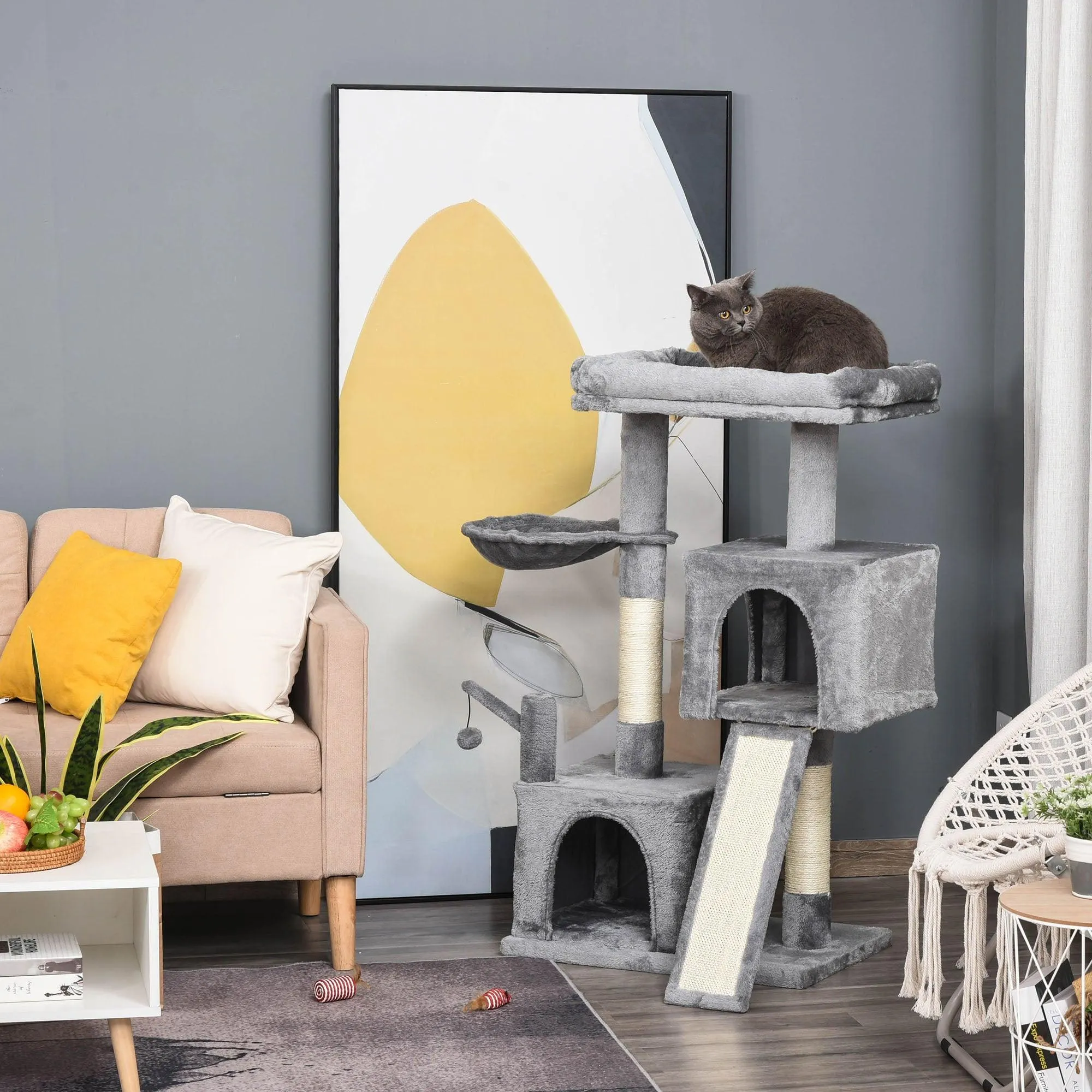 Cat Tower with Hammock and Hanging Ball Toy, 111cm - Grey