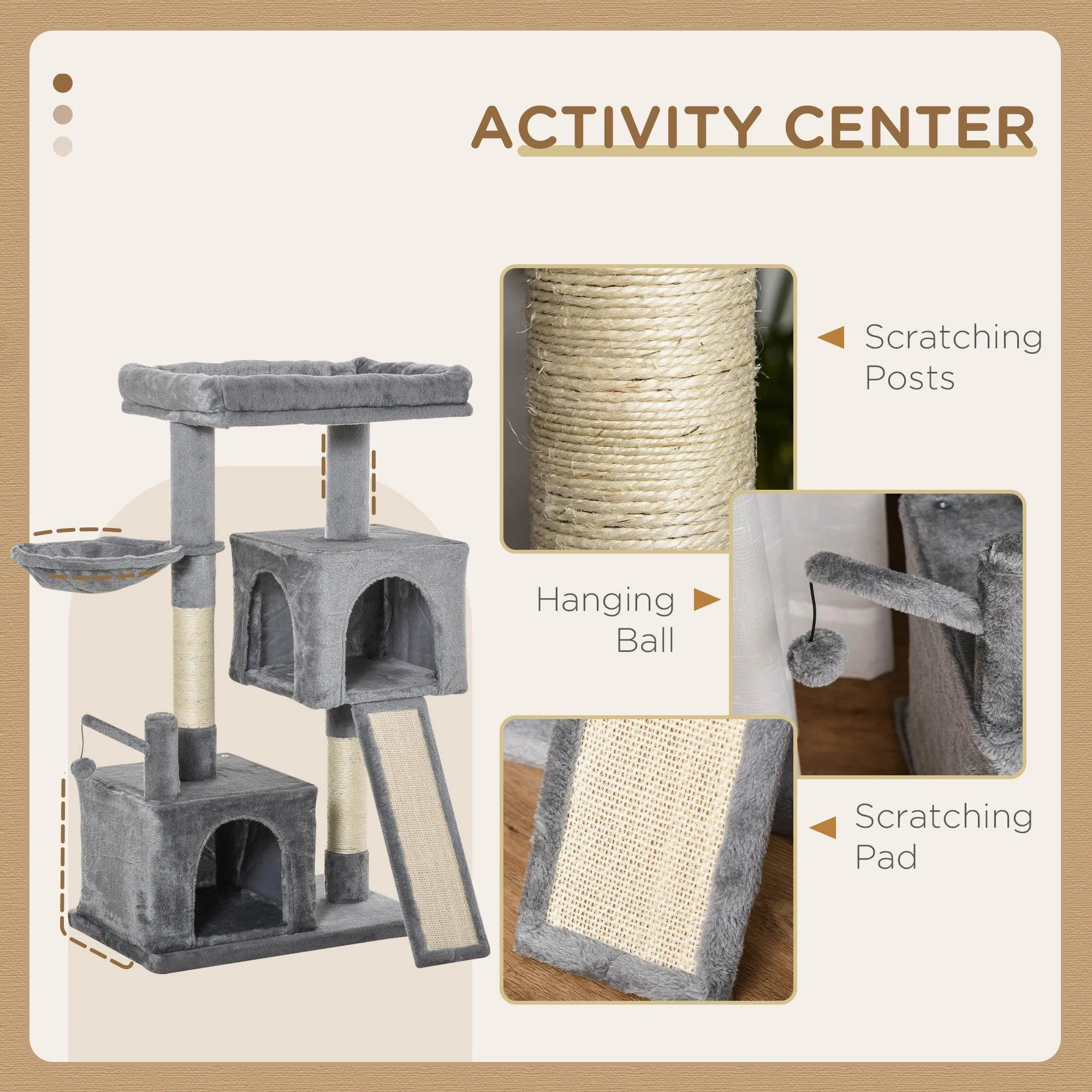 Cat Tower with Hammock and Hanging Ball Toy, 111cm - Grey