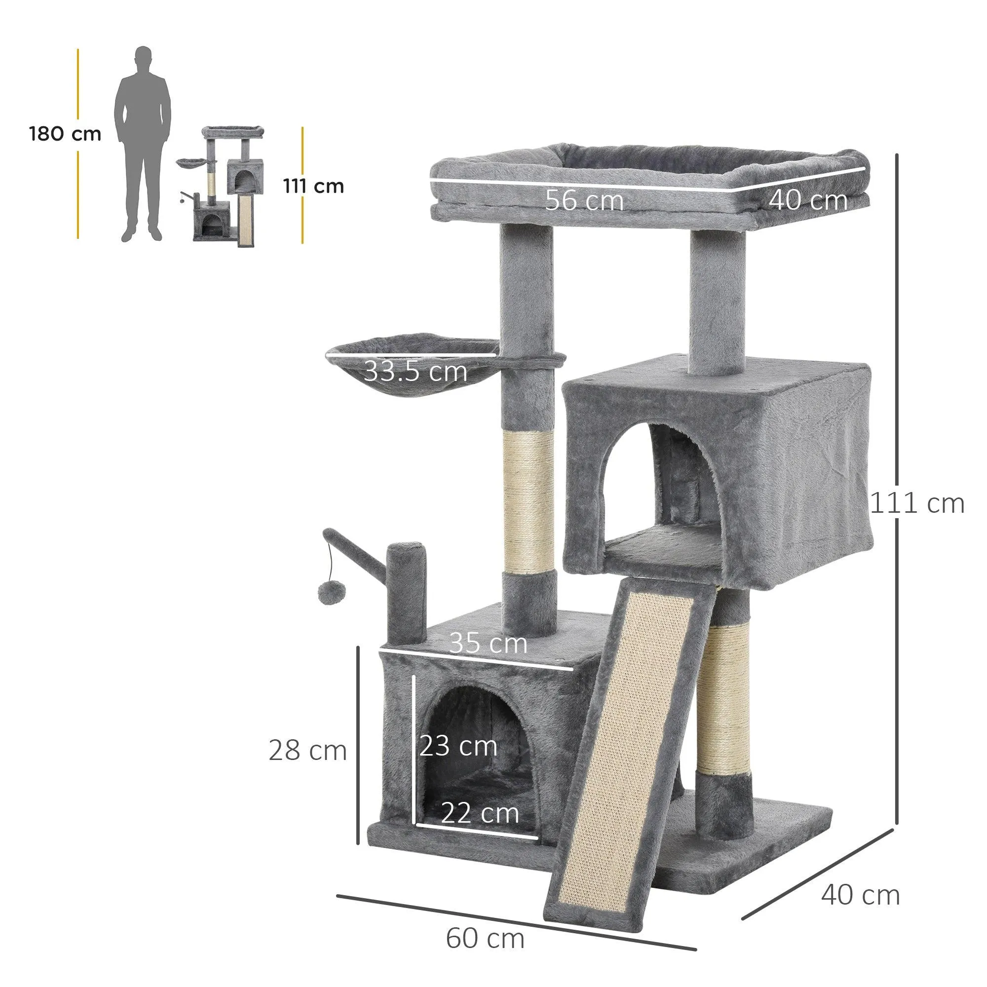 Cat Tower with Hammock and Hanging Ball Toy, 111cm - Grey
