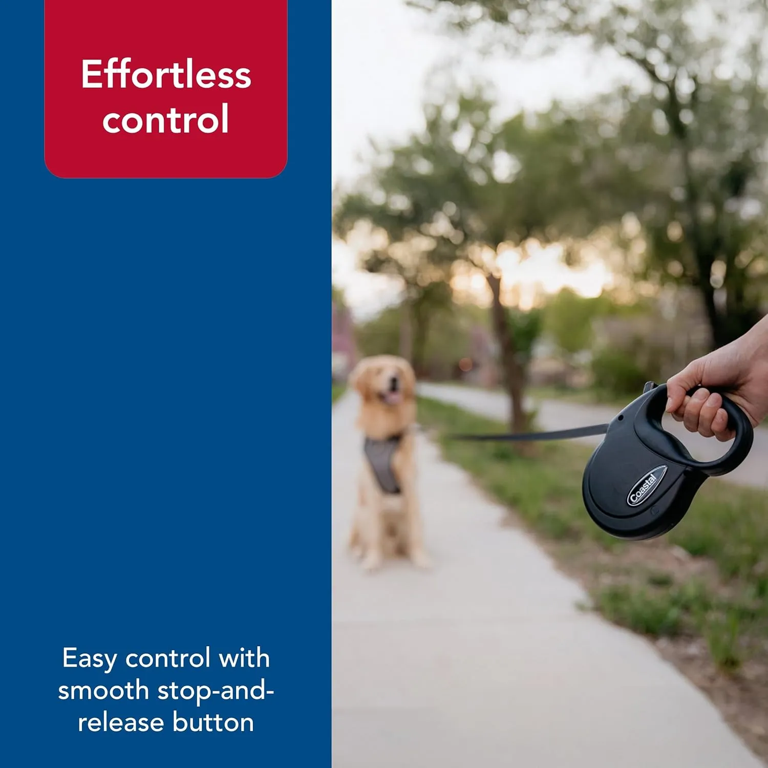 Coastal Pet Power Walker Dog Retractable Leash - Reflective Dog Leash - Stop-and-Release Control Button - Comfort Grip Handle - Red - Small