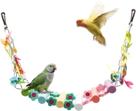 Colorful Wooden Bridge Bird Swing  Hammock-Style Swing Toy with Painted Rungs, Floral Accents & Metal Hooks for Budgies, Cockatiels & Small to Medium Birds