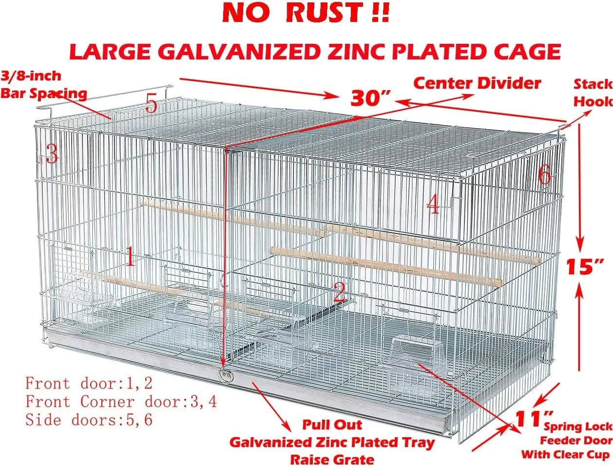 Combo: Large NO Rust Galvanized Stack and Lock Double Breeder Cage Bird Breeding Cage with Removable Center Divider Side Nest Box Doors Removabel Rolling Stand