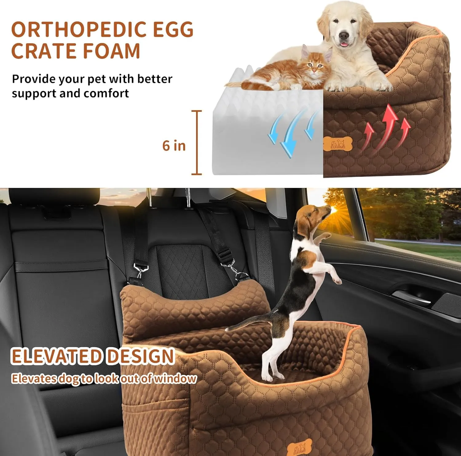 Dog Car Seat - Memory Foam Dog Booster Seat for Small Dogs Up to 25lbs-Elevated Pet Car Seat with Storage Pockets and Dog Seat Belt-Soft Pet Travel Bed for Front & Back Seats-Removable Washable-Brown