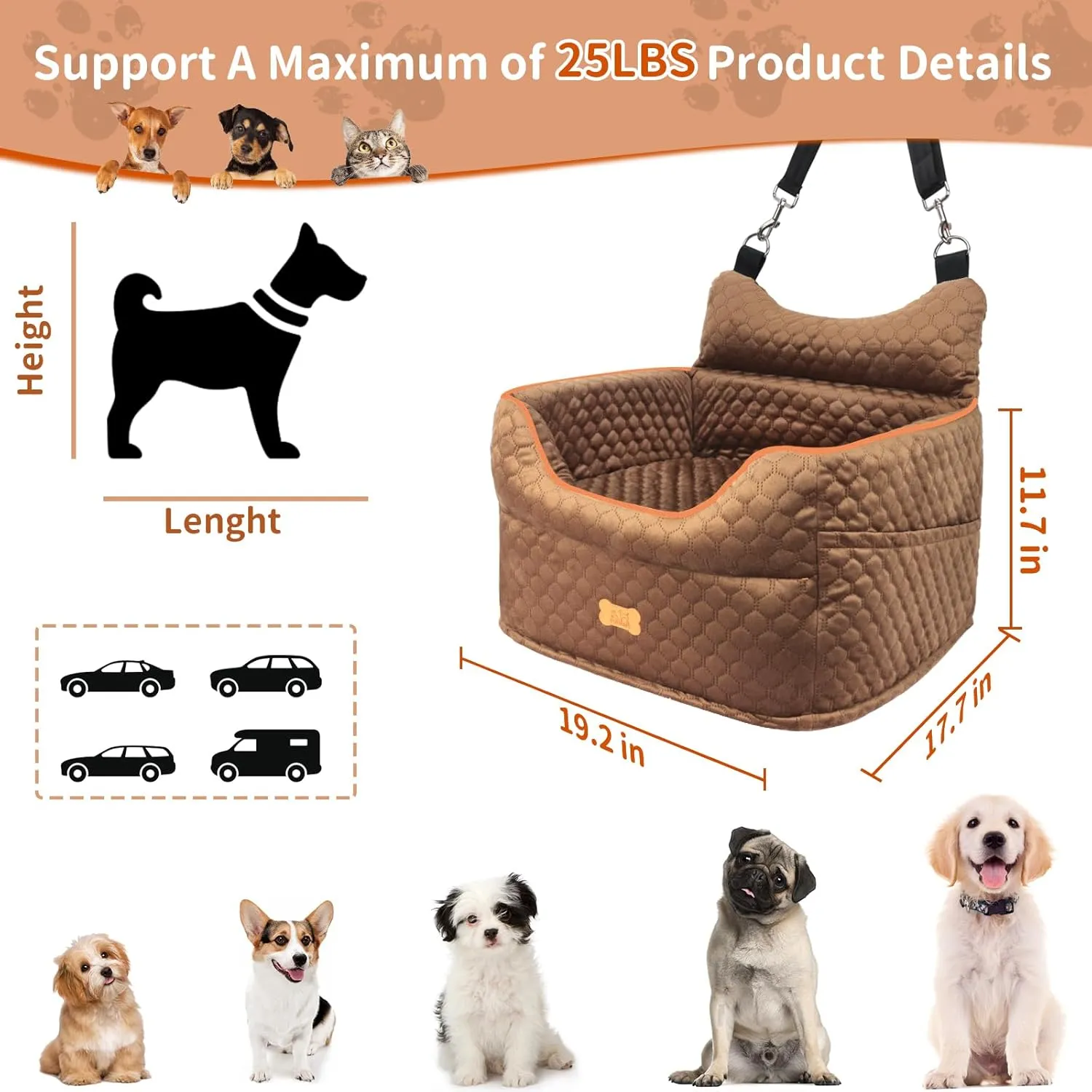 Dog Car Seat - Memory Foam Dog Booster Seat for Small Dogs Up to 25lbs-Elevated Pet Car Seat with Storage Pockets and Dog Seat Belt-Soft Pet Travel Bed for Front & Back Seats-Removable Washable-Brown