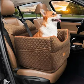 Dog Car Seat - Memory Foam Dog Booster Seat for Small Dogs Up to 25lbs-Elevated Pet Car Seat with Storage Pockets and Dog Seat Belt-Soft Pet Travel Bed for Front & Back Seats-Removable Washable-Brown