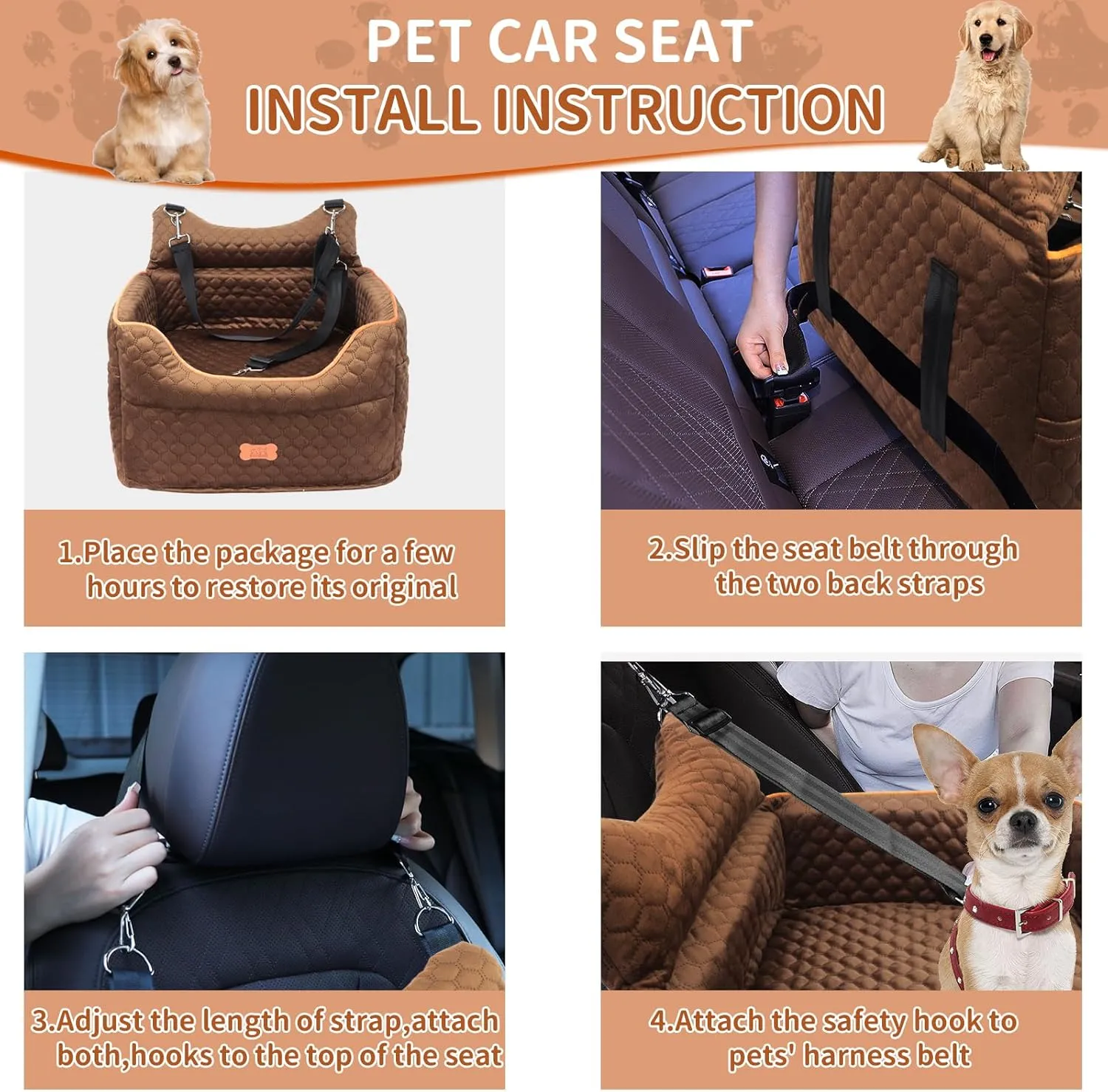 Dog Car Seat - Memory Foam Dog Booster Seat for Small Dogs Up to 25lbs-Elevated Pet Car Seat with Storage Pockets and Dog Seat Belt-Soft Pet Travel Bed for Front & Back Seats-Removable Washable-Brown