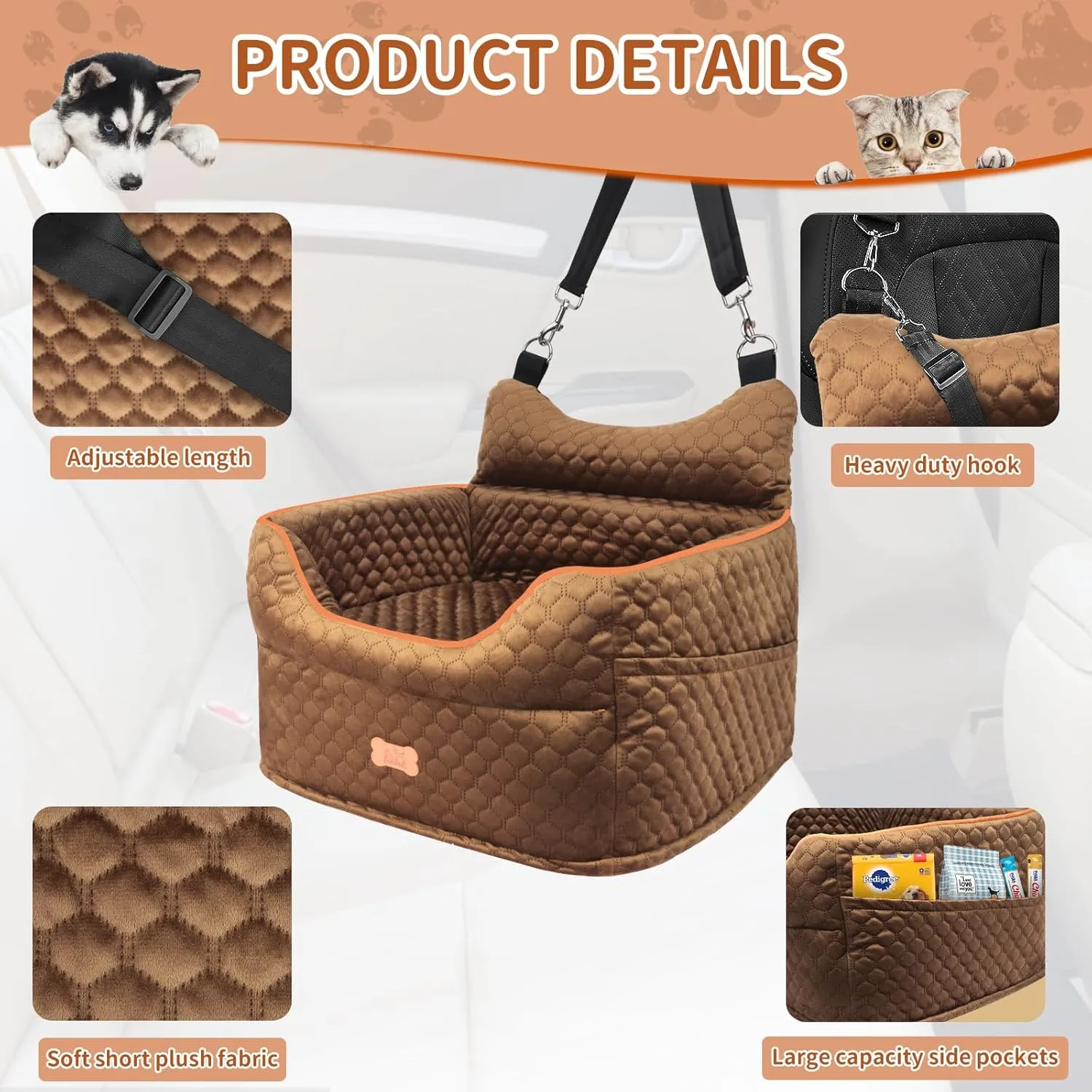 Dog Car Seat - Memory Foam Dog Booster Seat for Small Dogs Up to 25lbs-Elevated Pet Car Seat with Storage Pockets and Dog Seat Belt-Soft Pet Travel Bed for Front & Back Seats-Removable Washable-Brown