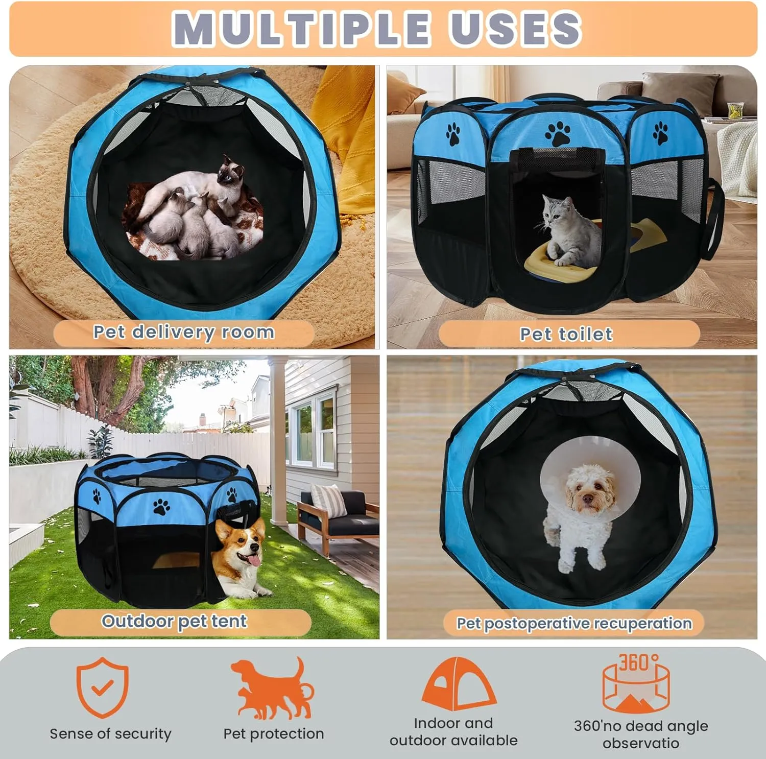 Dog Playpen, Puppy Pet Cat Playpen Indoor for Small Dogs Tent Crates Cage Indoor/Outdoor, Portable Pop Up Dog Kennel Playpen with for Dogs/Cats/Rabbits, Removable Zipper Top(Small Size, Blue)
