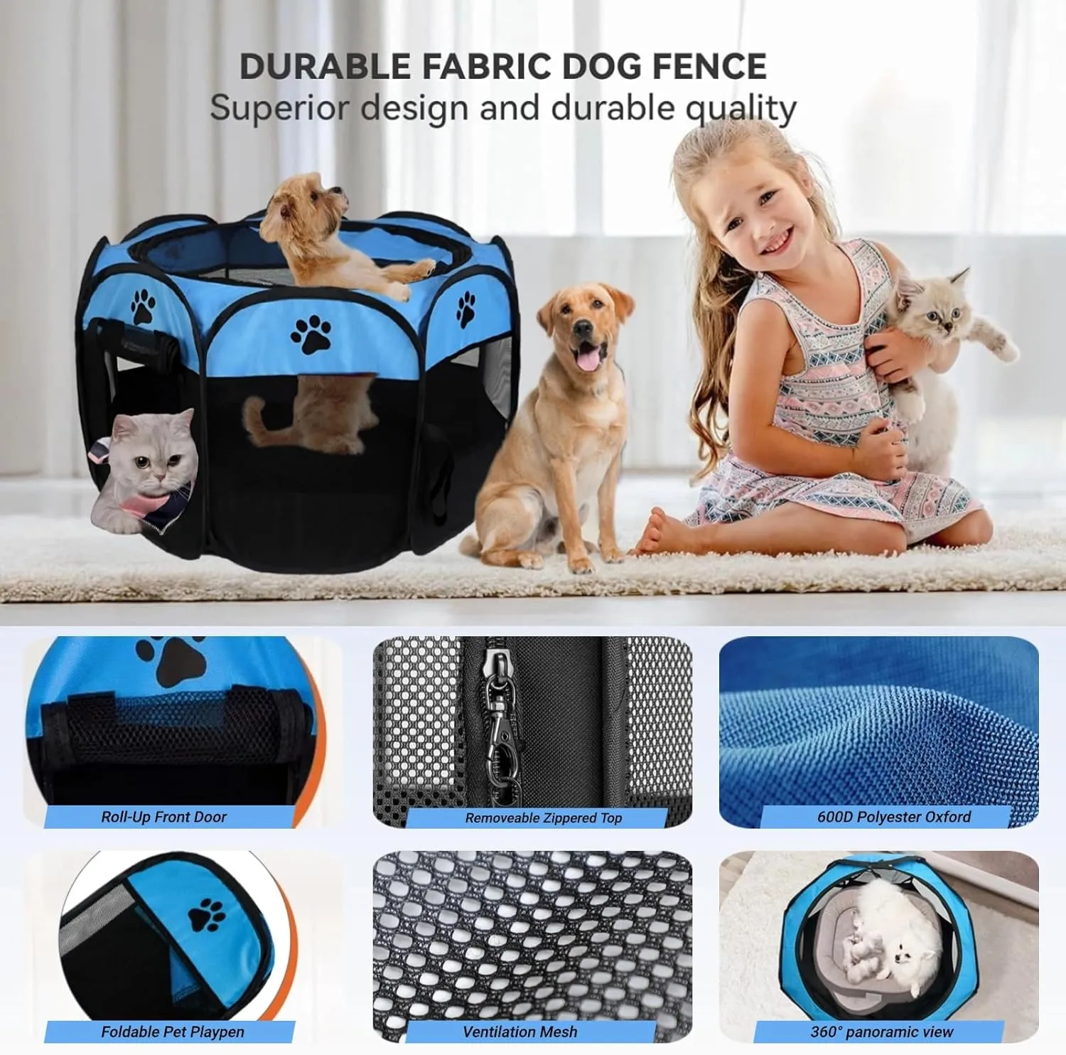 Dog Playpen, Puppy Pet Cat Playpen Indoor for Small Dogs Tent Crates Cage Indoor/Outdoor, Portable Pop Up Dog Kennel Playpen with for Dogs/Cats/Rabbits, Removable Zipper Top(Small Size, Blue)