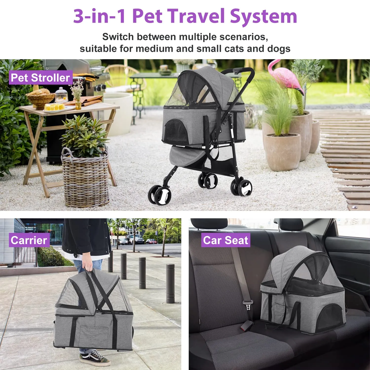 Dog Stroller Pet Strollers 3 Wheel Doggy Stroller for Small Medium Dogs Cats 3-in-1 Detachable Travel Carrier Pet Gear Stroller Wagons for Dogs Trolley for Cat Doggie Rabbit Puppy, Grey