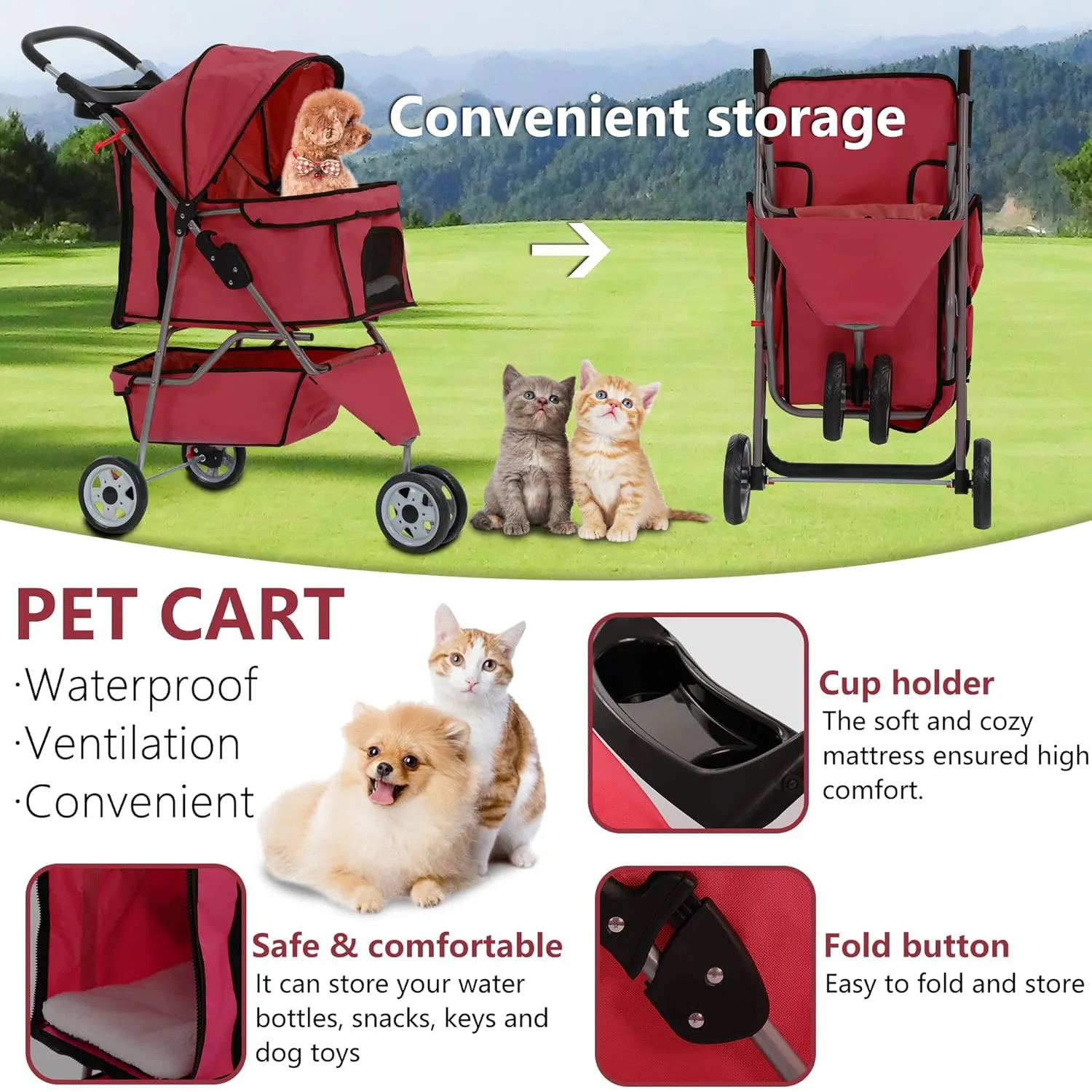 Dog Stroller,3 Wheels Travel Folding Pet Stroller for Small Medium Dog Cat Jogger Stroller with Storage Basket Removable Liner Red