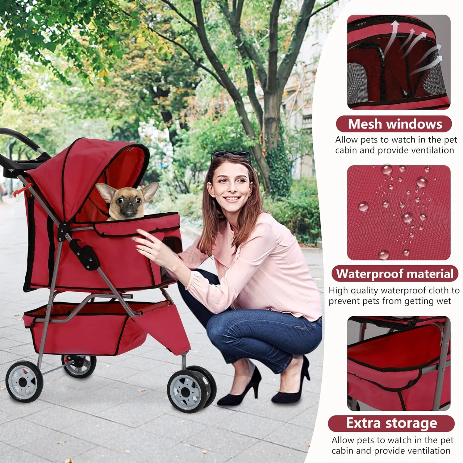 Dog Stroller,3 Wheels Travel Folding Pet Stroller for Small Medium Dog Cat Jogger Stroller with Storage Basket Removable Liner Red