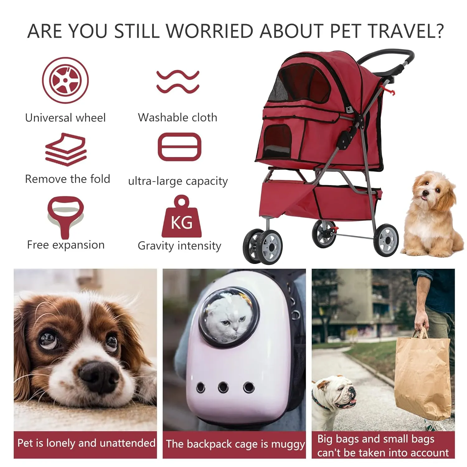 Dog Stroller,3 Wheels Travel Folding Pet Stroller for Small Medium Dog Cat Jogger Stroller with Storage Basket Removable Liner Red