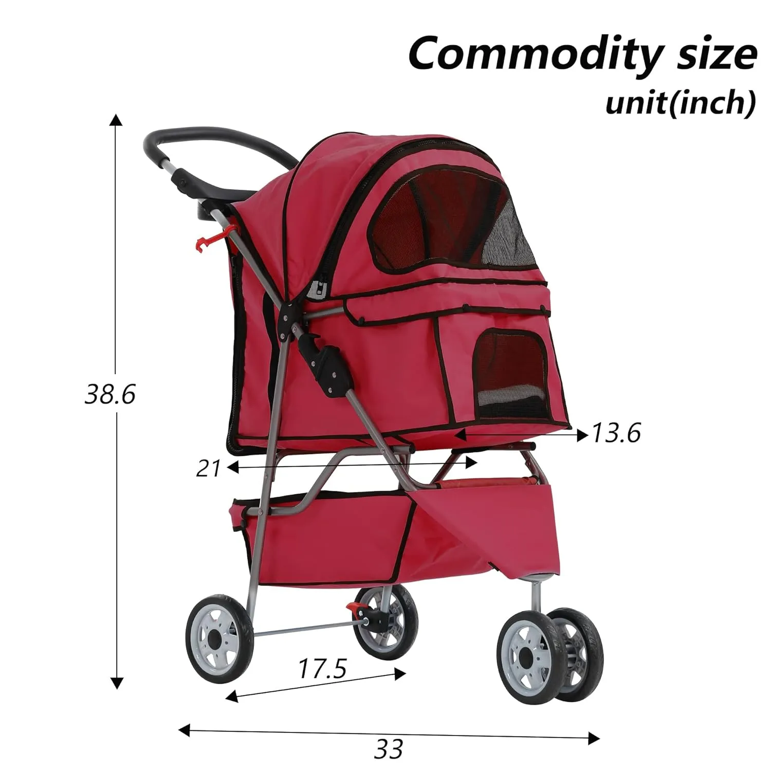 Dog Stroller,3 Wheels Travel Folding Pet Stroller for Small Medium Dog Cat Jogger Stroller with Storage Basket Removable Liner Red