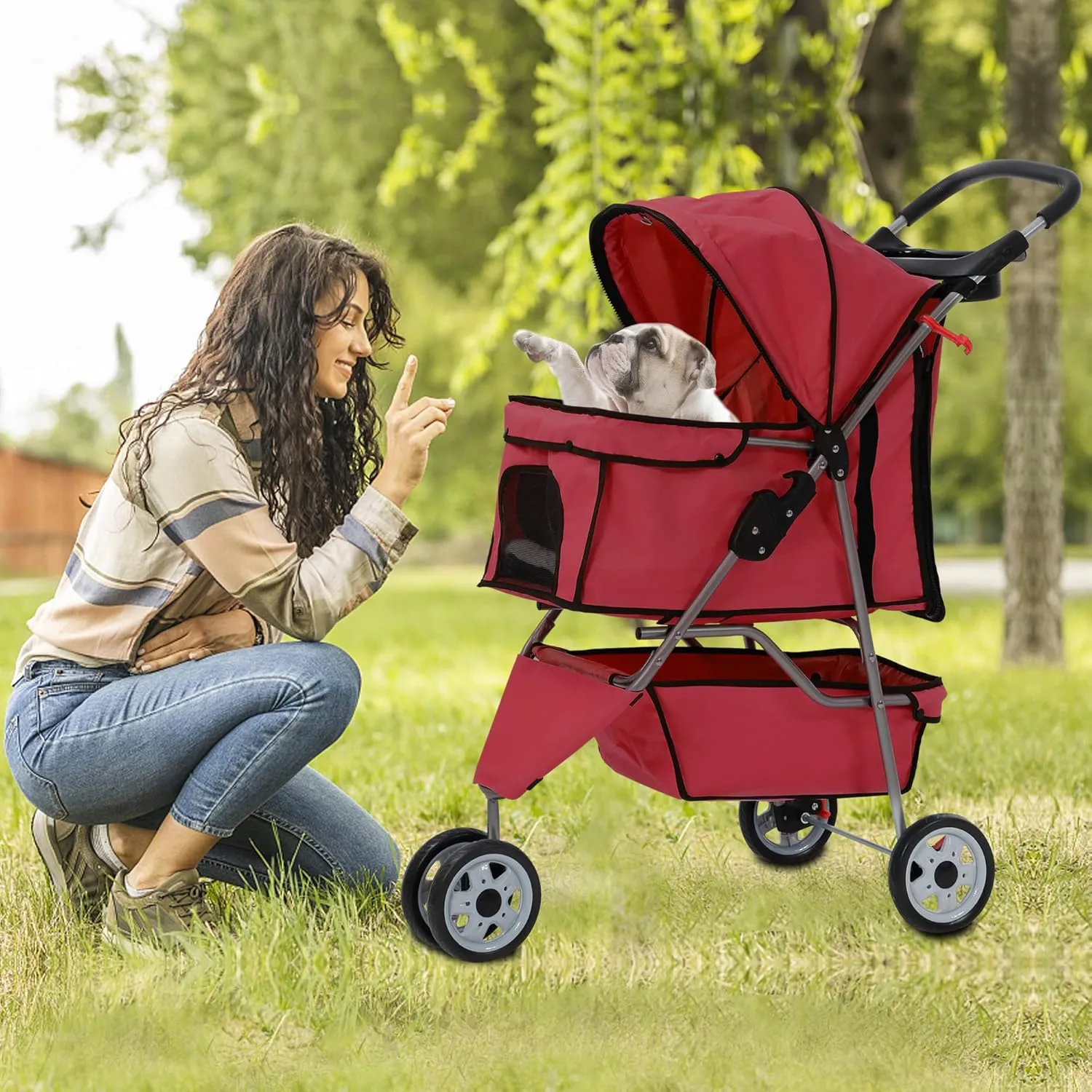 Dog Stroller,3 Wheels Travel Folding Pet Stroller for Small Medium Dog Cat Jogger Stroller with Storage Basket Removable Liner Red