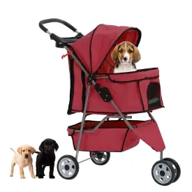 Dog Stroller,3 Wheels Travel Folding Pet Stroller for Small Medium Dog Cat Jogger Stroller with Storage Basket Removable Liner Red
