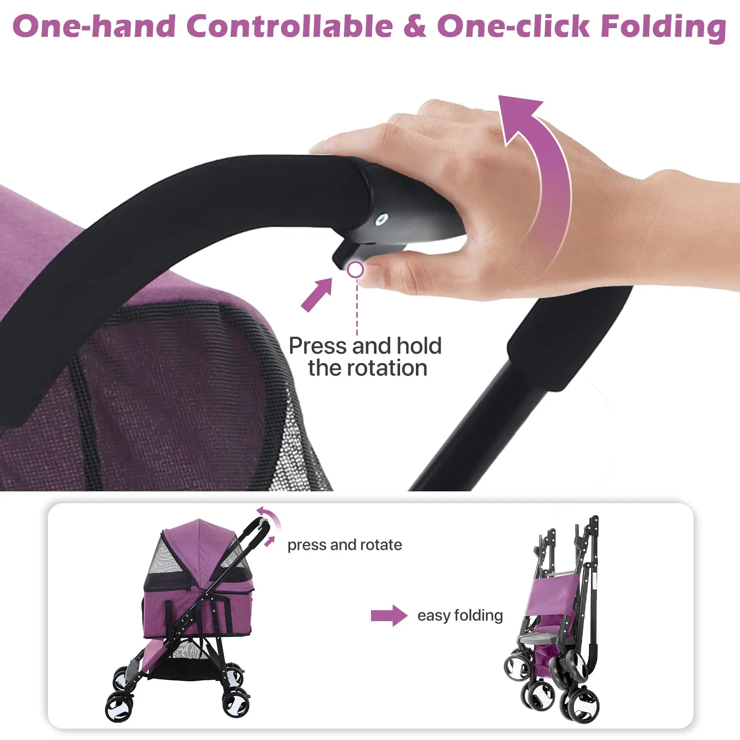 Dog Strollers Pet Cat Stroller 3-in-1 Detachable Doggy Stroller 4 Wheel Dog Travel Cart for Small Medium Dogs Folding Cat Walker Wagons for Dogs Trolley for Doggie Rabbit Puppy Strollers, Purple