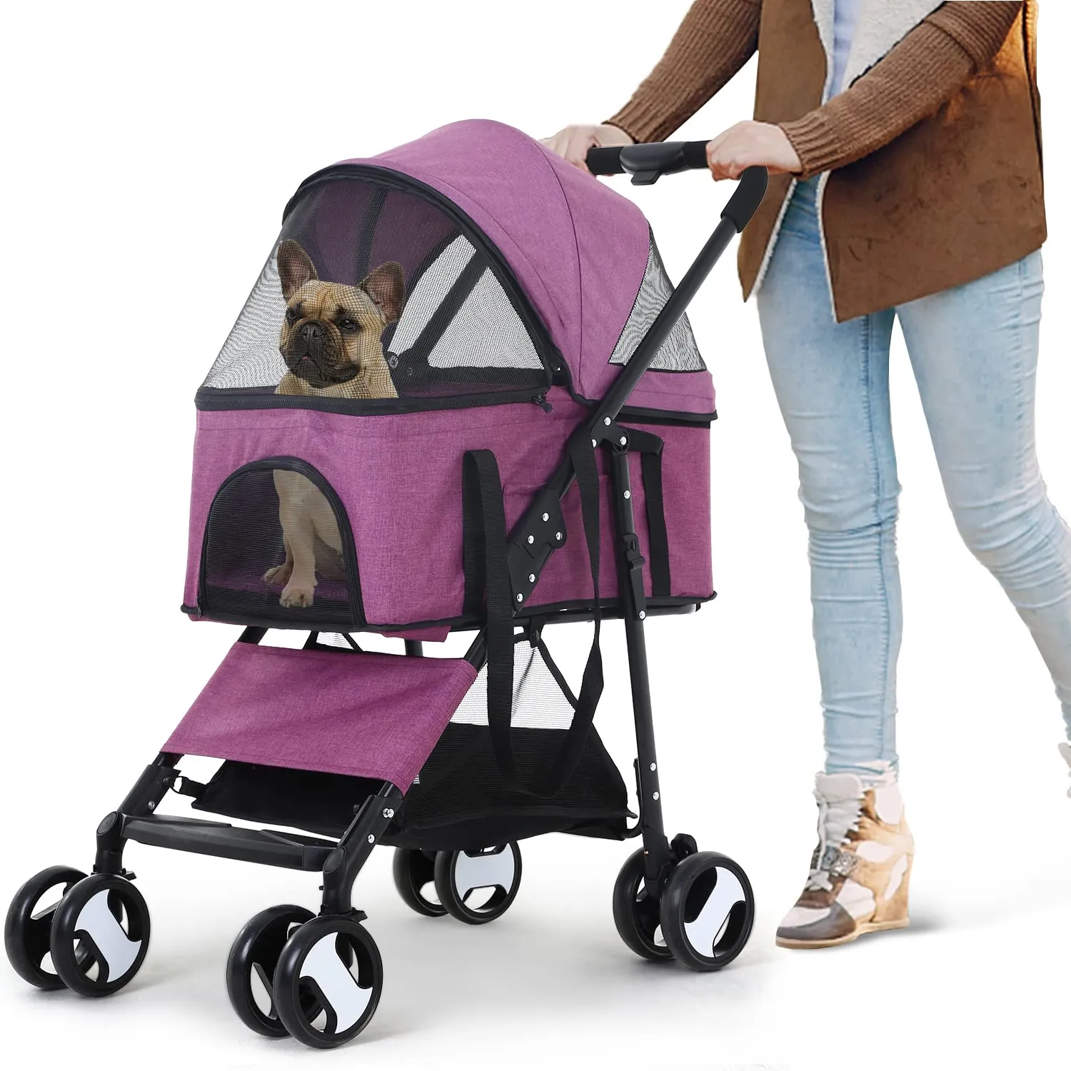 Dog Strollers Pet Cat Stroller 3-in-1 Detachable Doggy Stroller 4 Wheel Dog Travel Cart for Small Medium Dogs Folding Cat Walker Wagons for Dogs Trolley for Doggie Rabbit Puppy Strollers, Purple