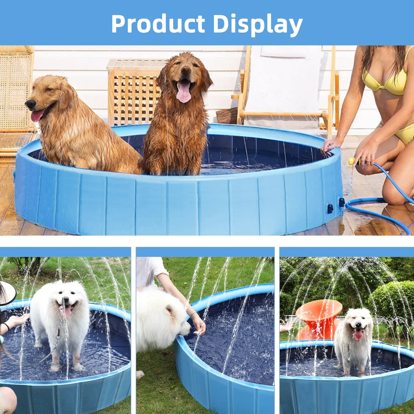 Dog Swimming Pool: Heavy Collapsible Dog Pet Swimming Pool with Spray Sprinkler Pet Bathing Tub for Outside Backyards, Kids Pets Dogs Cats