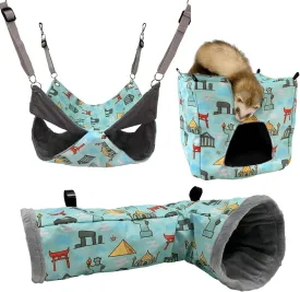 Ferret Hammock Set for cage Cage Accessories 3 Style,Double Hammock or Square House and Tunnel Bed for Guinea Pig (Teal)