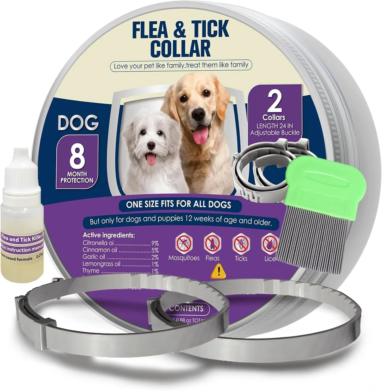Flea Collars for Dogs, Dog Flea & Tick Control Flea Collar 8 Months Protection, Waterproof Dog Flea Collar, Flea Prevention for Dogs with Comb and Prevention Treatment Drop