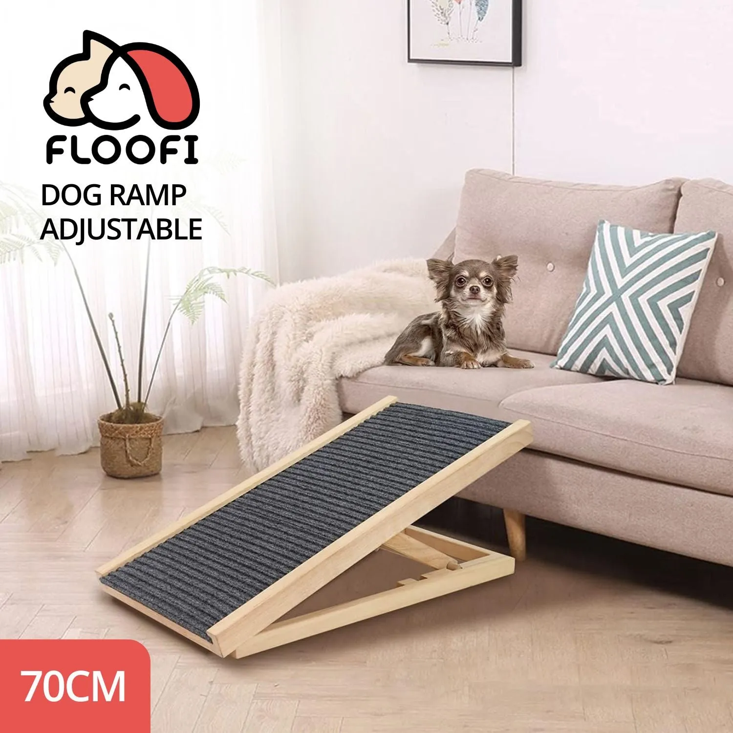 Floofi - Natural Wood Grain Wooden Adjustable Height Pet Ramp Dog Sofa Stairs