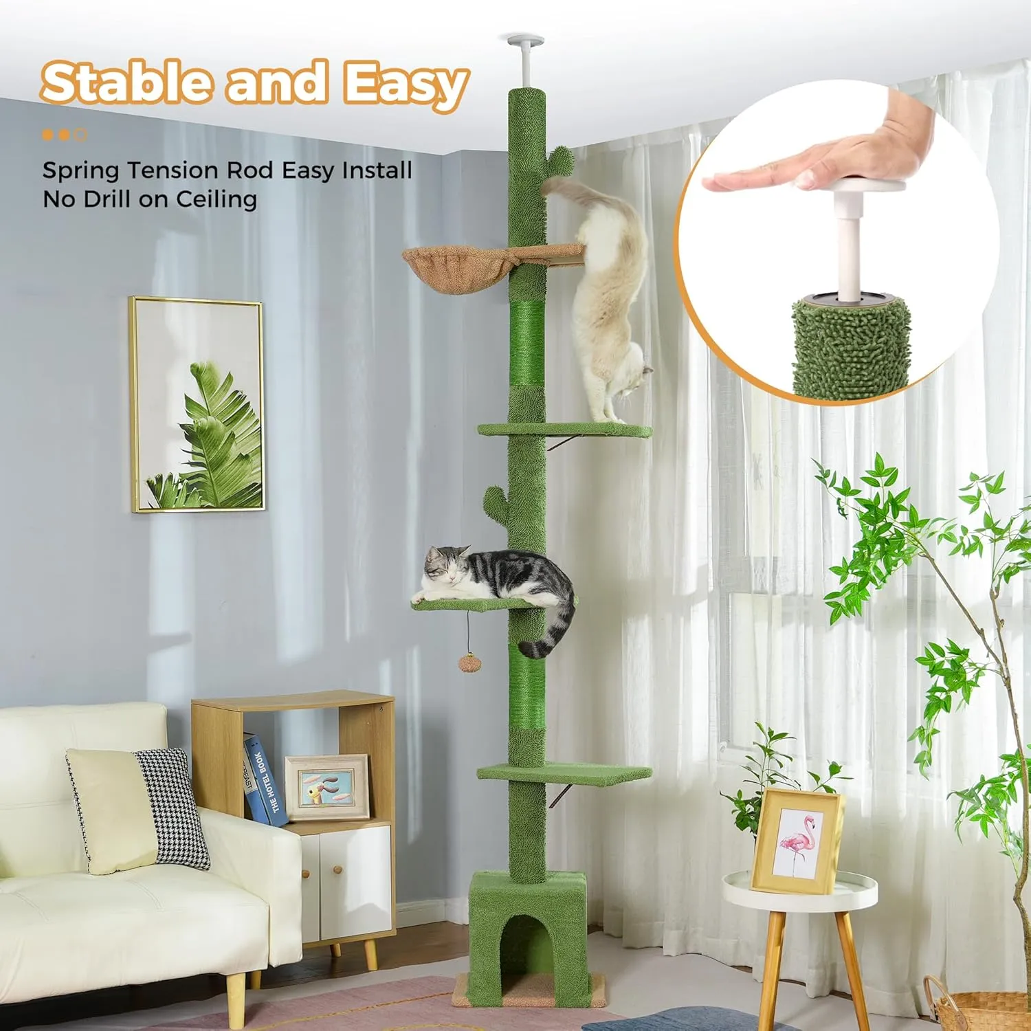 Floor to Ceiling Cat Tree Tall Cat Tower with Adjustable Height (81.8-108 Inches) with Fully Scratching Post Private Condo and Hammock for Indoor Cats (Green, Single Post)
